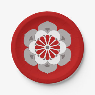 Lotus Flower Mandala, Dark Red, Grey and White Paper Plate