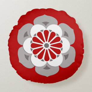 Lotus Flower Mandala, Dark Red, Grey and White Round Pillow