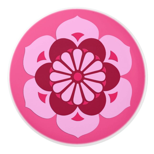 Lotus Flower Mandala, Fuchsia Pink and Burgundy Ceramic Knob (Front)
