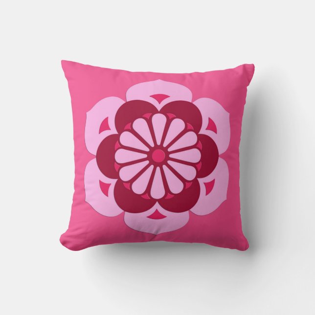 Lotus Flower Mandala, Fuchsia Pink and Burgundy Throw Pillow (Front)