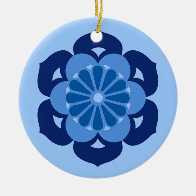 Lotus Flower Mandala, Indigo and Light Blue Ceramic Ornament (Front)