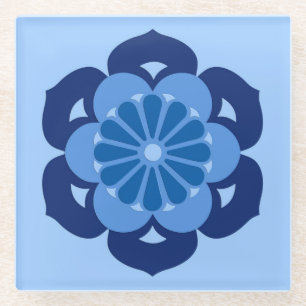 Lotus Flower Mandala, Indigo and Light Blue Glass Coaster