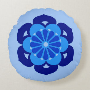 Lotus Flower Mandala, Indigo and Light Blue Round Pillow