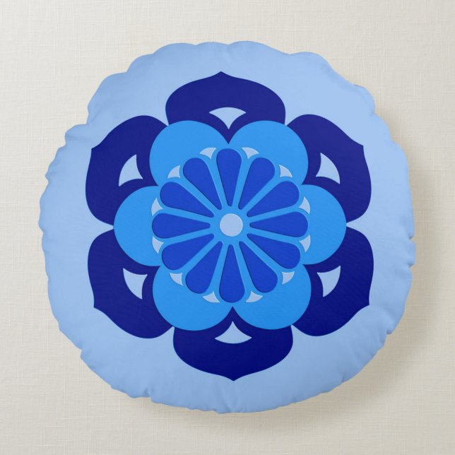 Lotus Flower Mandala, Indigo and Light Blue Round Pillow (Front)