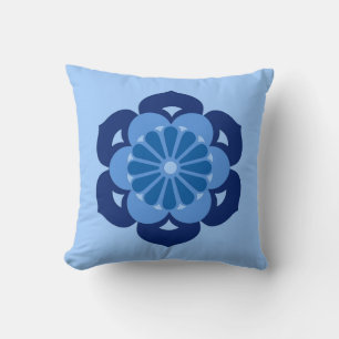 Lotus Flower Mandala, Indigo and Light Blue Throw Pillow