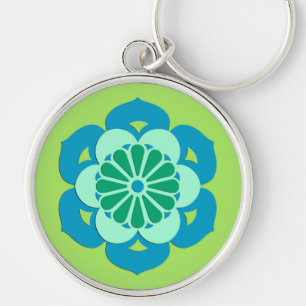 Lotus Flower Mandala, Lime Green and Light Blue Keychain