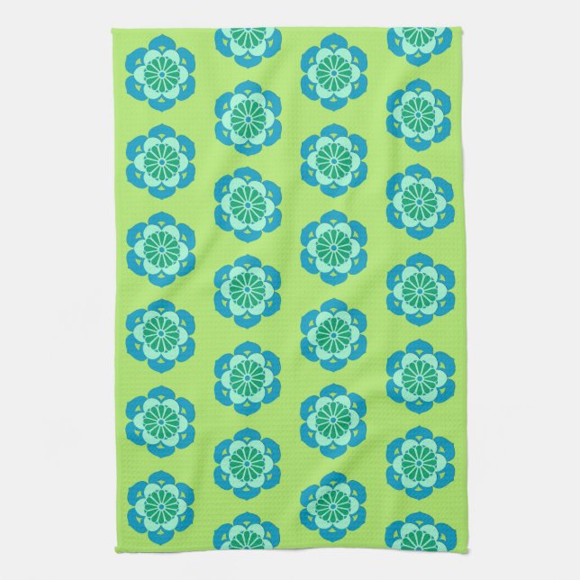 Lotus Flower Mandala, Lime Green and Light Blue Kitchen Towel (Vertical)