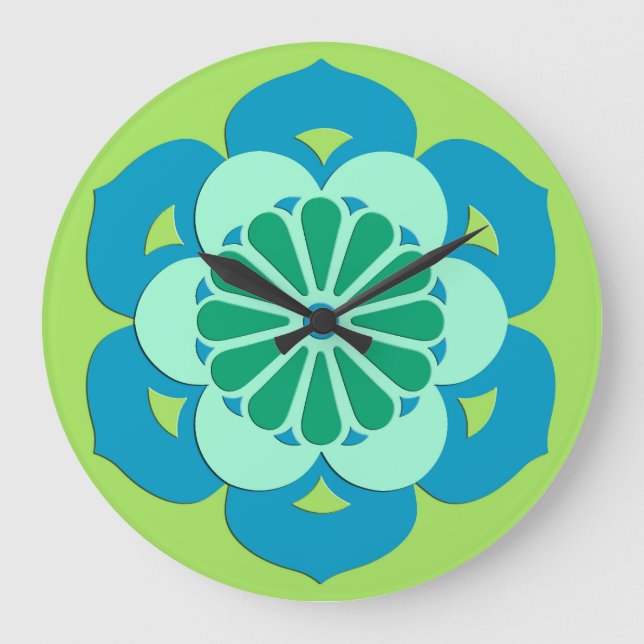 Lotus Flower Mandala, Lime Green and Light Blue Large Clock (Front)