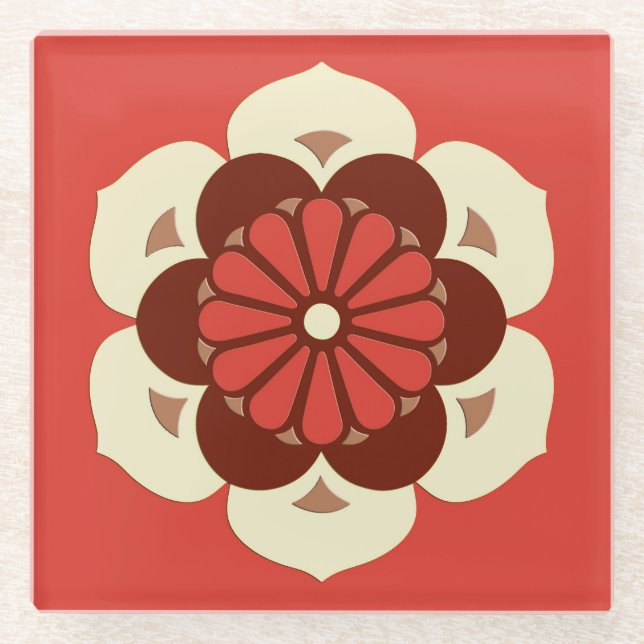 Lotus Flower Mandala, Mandarin Orange Glass Coaster (Front)