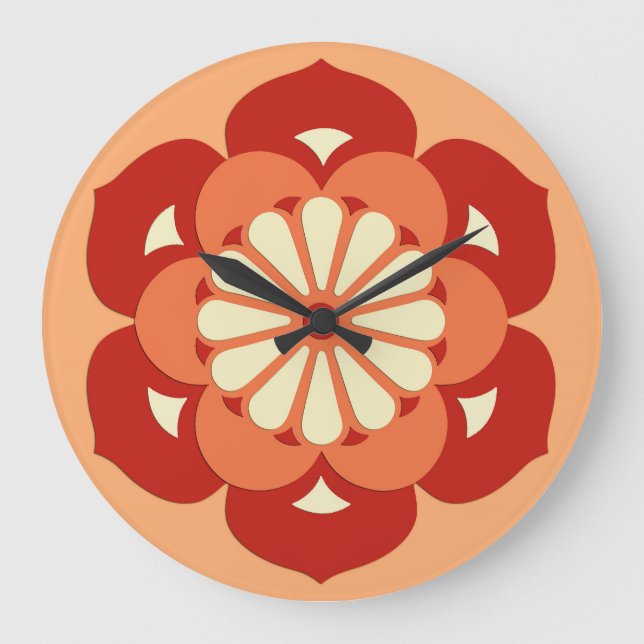 Lotus Flower Mandala, Pastel Orange and Mandarin Large Clock (Front)