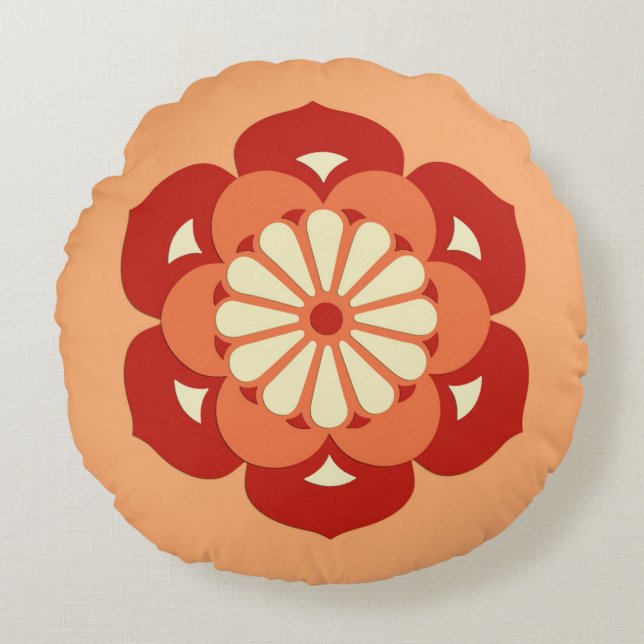 Lotus Flower Mandala, Pastel Orange and Mandarin Round Pillow (Front)