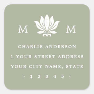 Lotus Flower & Monogram muted sage return address Square Sticker