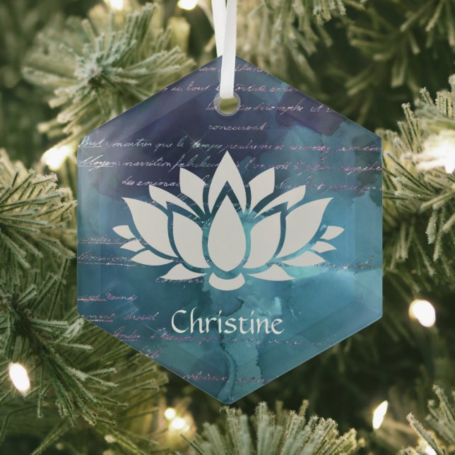 Lotus Flower on Blue Green Sky with Handwriting Glass Ornament (Insitu)