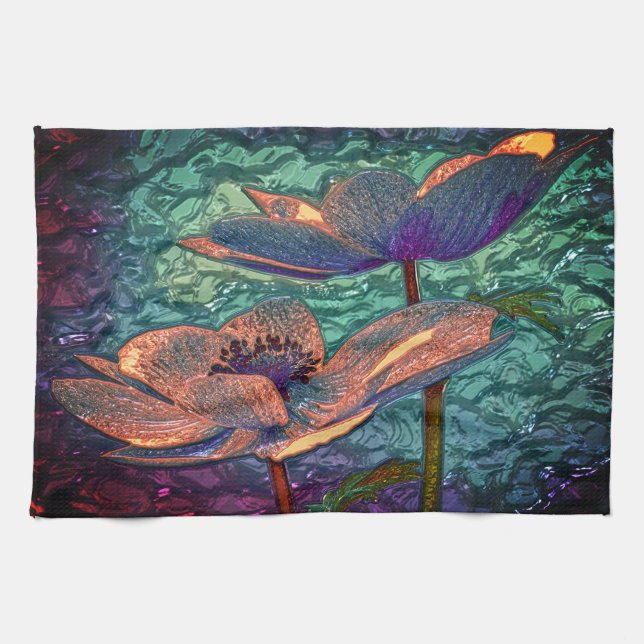 Lotus flower on water green purple gold floral kitchen towel (Horizontal)