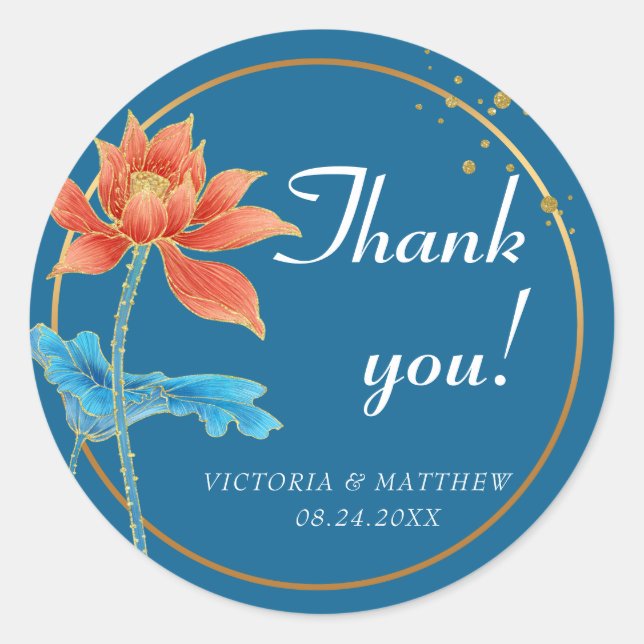 Lotus Flower Orange & Blue Wedding Thank You Classic Round Sticker (Front)