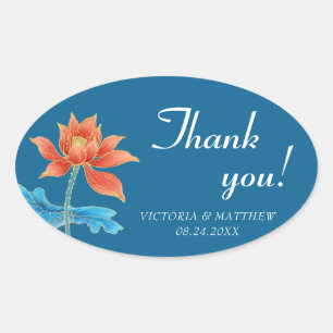 Lotus Flower Orange & Blue Wedding Thank You   Oval Sticker