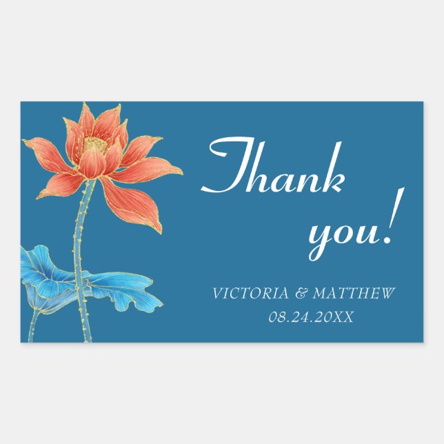 Lotus Flower Orange & Blue Wedding Thank You Sticker (Front)