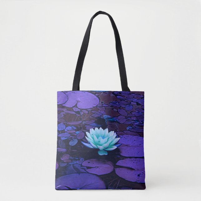 Lotus Flower Purple Blue Turquoise Floral Pond Zen Tote Bag (Front)