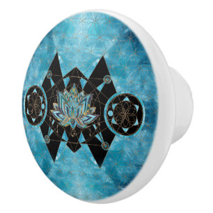 Lotus flower - Sacred Geometry - Blue Crystal Ceramic Knob