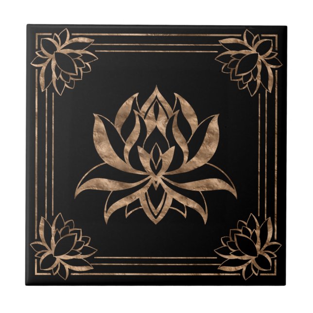 Lotus Flower Square ornament - black and gold Tile (Front)