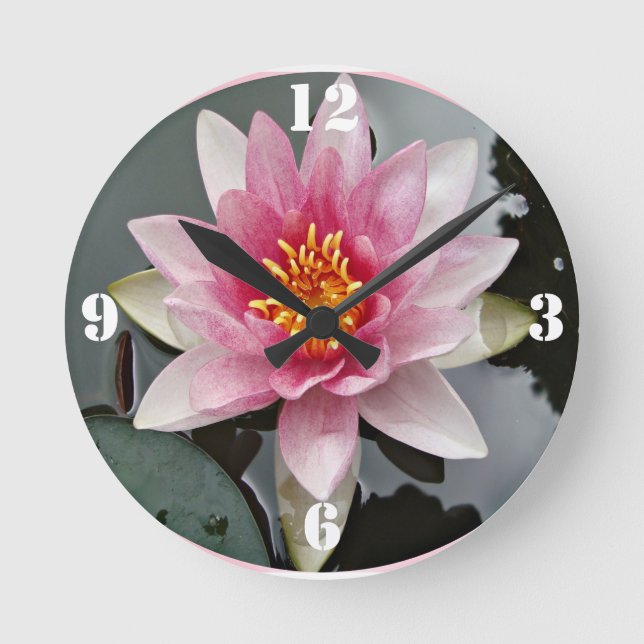 Lotus flower waterlily floral print round clock (Front)