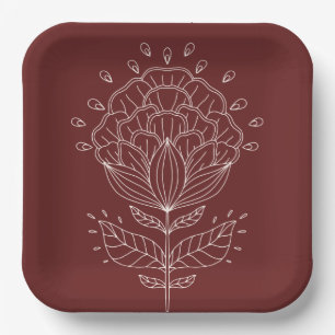 Lotus flower white line drawing floral burgundy pa paper plate