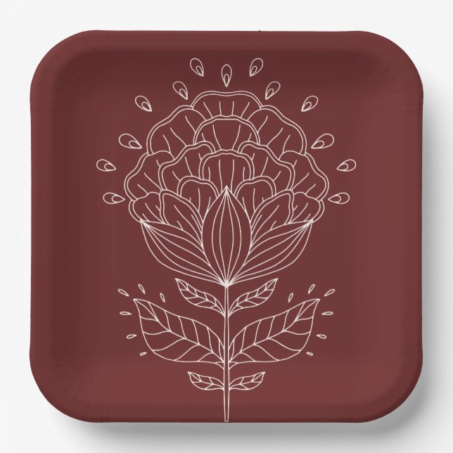 Lotus flower white line drawing floral burgundy pa paper plate (Front)