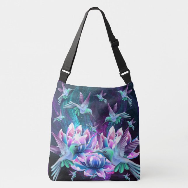 Lotus Flowers And Hummingbirds In Flight   Crossbody Bag (Front)