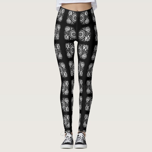 Lotus Flowers and Mandalas in black and white Leggings (Front)
