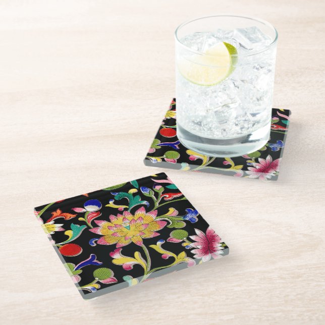 Lotus Flowers and Vine Glass Coaster (Angled)