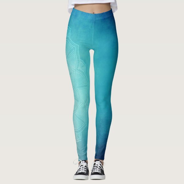 Lotus Flowers Blue Green Yoga Leggings (Front)