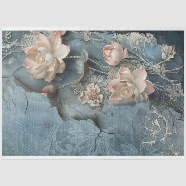 Lotus Flowers & Denim Blue mixed media effects art Tissue Paper (Front)