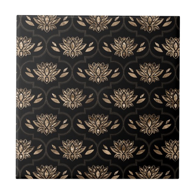 Lotus Flowers pattern - black and gold Tile (Front)