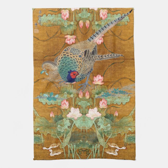 Lotus Flowers Pheasant Birds Asian Kitchen Towel (Vertical)