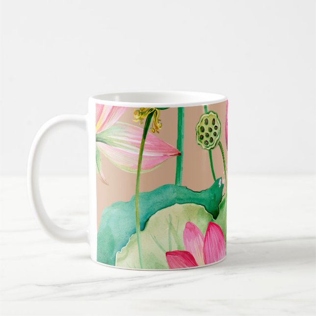 lotus flowers seamless pattern. watercolor botanic coffee mug (Left)