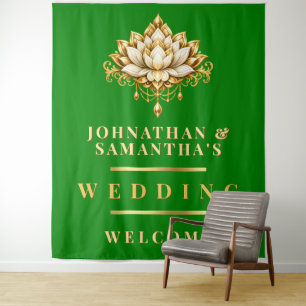 Lotus Green Gold Indian Wedding Photo backdrop Tapestry