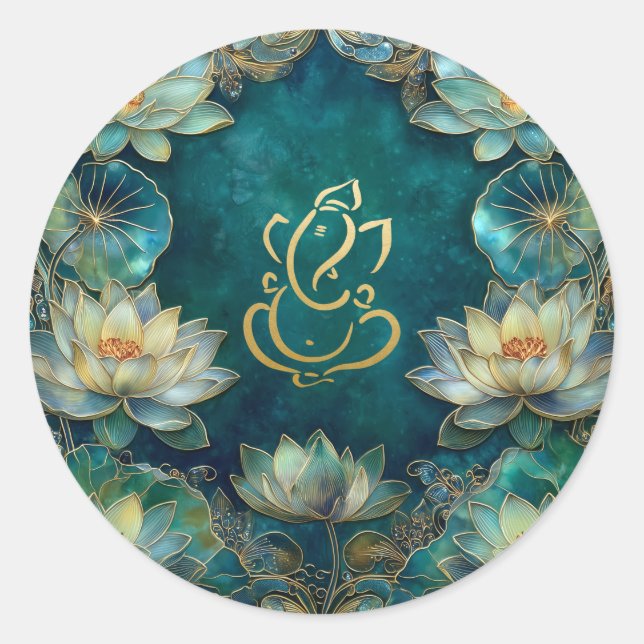 Lotus Indian Ganesh Wedding | Green Gold Classic Round Sticker (Front)