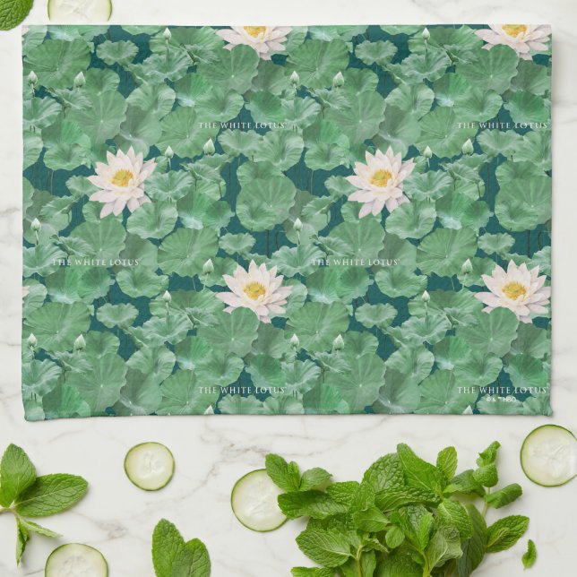 Lotus Lagoon Pattern - The White Lotus Kitchen Towel (Folded)