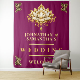 Lotus Magenta Gold Indian Wedding Photo backdrop Tapestry