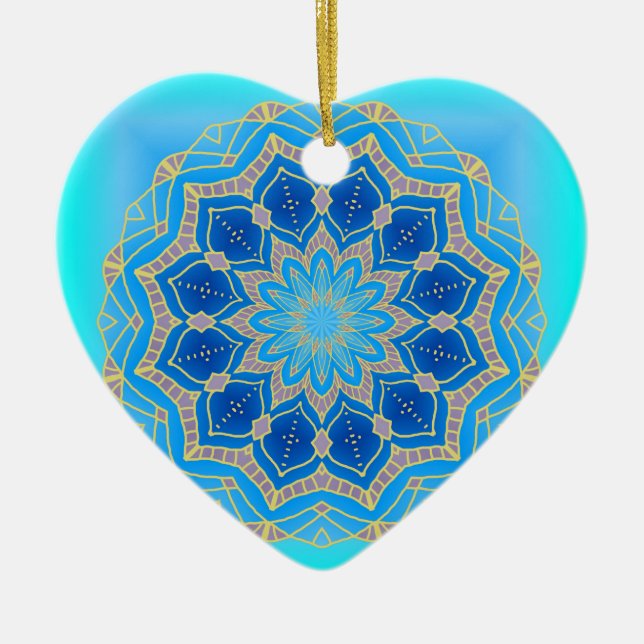Lotus mandala in turquoise and blue ceramic ornament (Front)