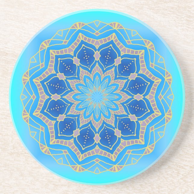 Lotus mandala in turquoise and blue coaster (Front)