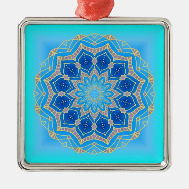 Lotus mandala in turquoise and blue metal ornament (Front)
