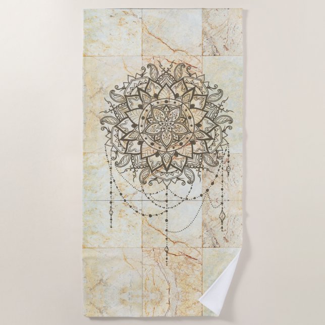 Lotus Mandala on Tan Marble  Beach Towel (Front)