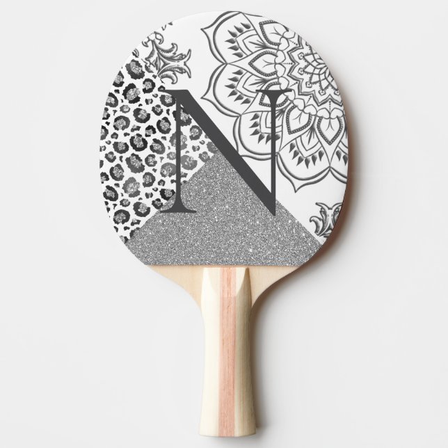  Lotus Mandala Silver Leopard Glitter Monogram  Ping Pong Paddle (Front)