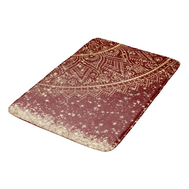 Lotus Mandala with Glitter Gold Stars on Red  Bath Mat (Angled)