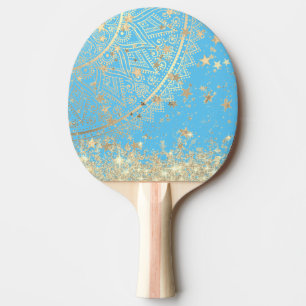 Lotus Mandala with Gold Stars Glitter on Blue Ping Pong Paddle