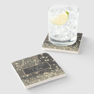 Lotus Mandala with Gold Stars on Black Customized Stone Coaster