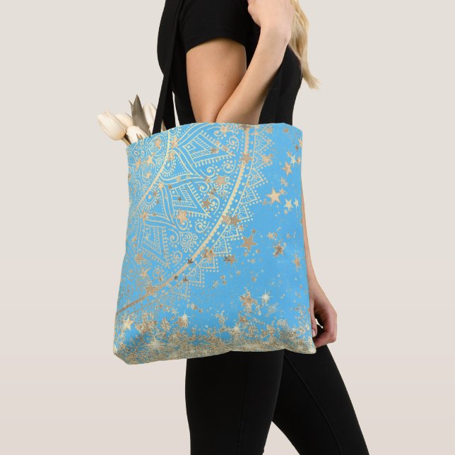 Lotus Mandala with Gold Stars on Turquoise   Tote Bag (Close Up)