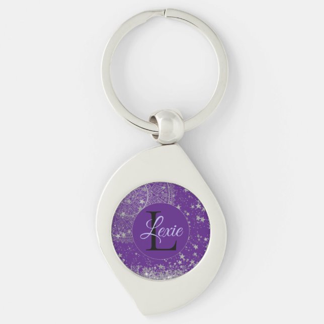 Lotus Mandala with Silver Stars on Purple   Keychain (Front)