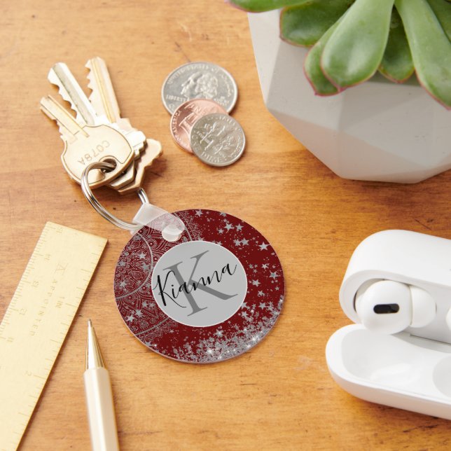 Lotus Mandala with Silver Stars on Red Personalize Keychain (Desk)